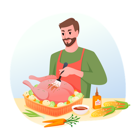 Homem cozinhando frango  Ilustração