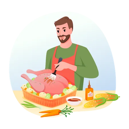 Homem cozinhando frango  Ilustração