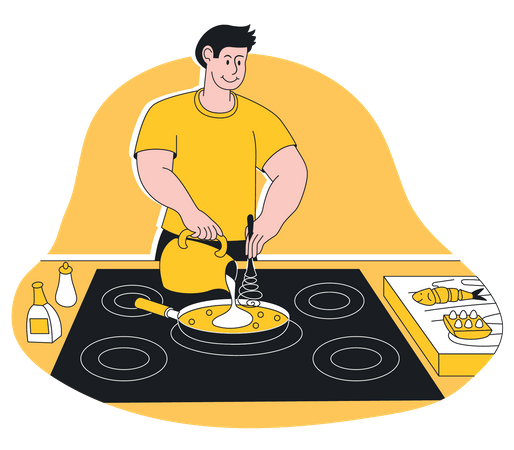 Homem cozinhando na cozinha  Ilustração