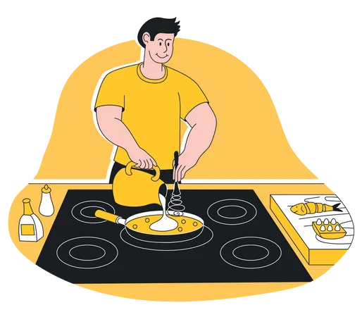 Homem cozinhando na cozinha  Ilustração