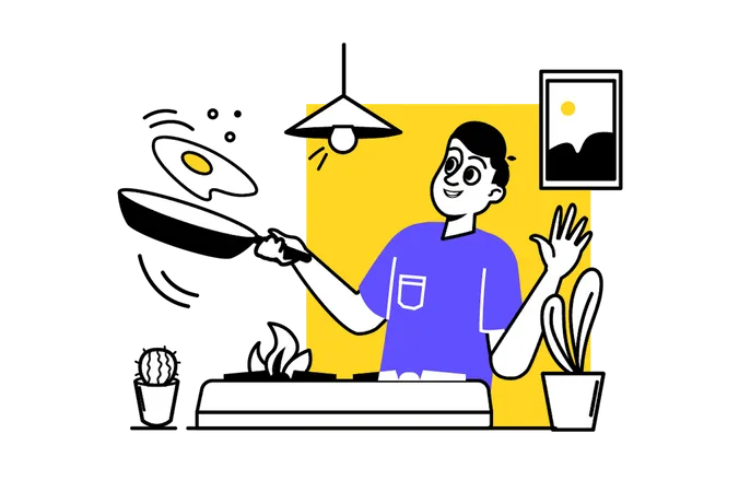 Homem cozinhando na cozinha  Ilustração