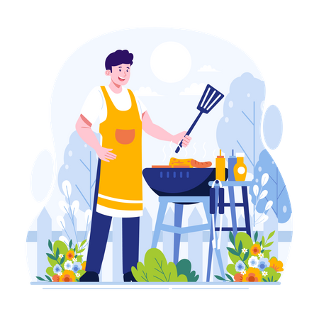 Homem cozinhando no jardim  Ilustração