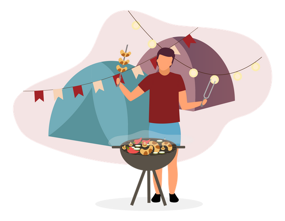 Homem cozinhando prato de churrasco  Ilustração