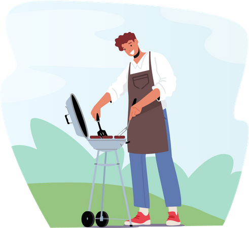 Homem cozinhando refeição usando churrasco  Ilustração