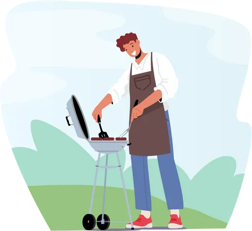 Homem cozinhando refeição usando churrasco  Ilustração