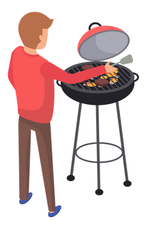Homem cozinhando refeição usando churrasco  Ilustração