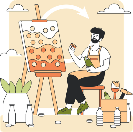 Homem cria arte usando ferramentas de reciclagem  Ilustração