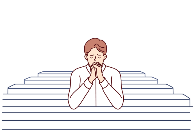 O homem cristão senta-se e reza na igreja católica  Ilustração