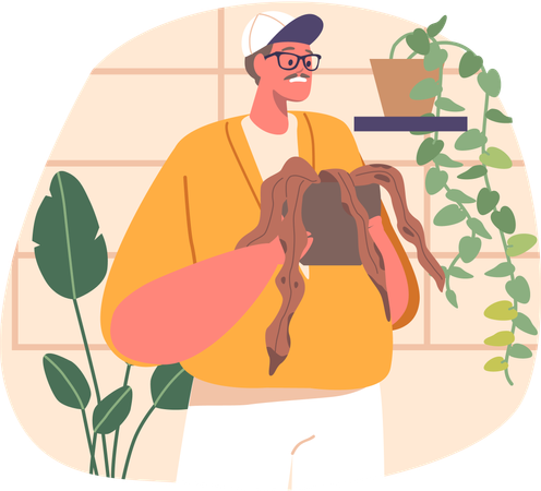 O homem cuida cuidadosamente das plantas murchas  Ilustração