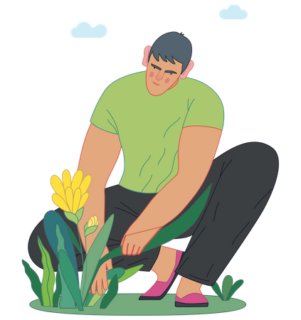 Homem plantando uma flor.  Ilustração