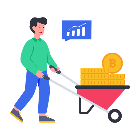 Homem cuidando do carrinho de mineração Bitcoin  Ilustração