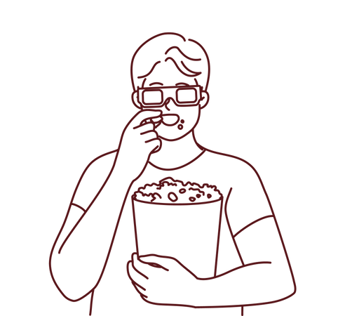 Homem curtindo filme em 3D e comendo pipoca  Ilustração