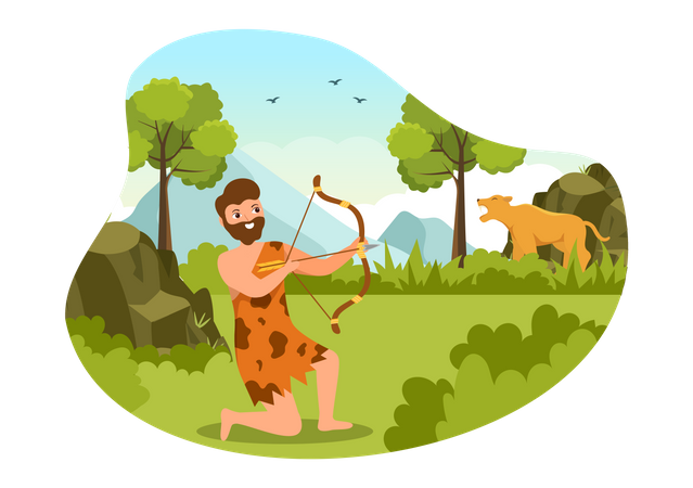 Homem da Idade da Pedra caçando animal  Ilustração