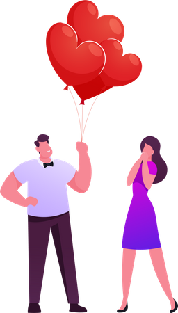 Homem dá um monte de balões para uma mulher  Ilustração