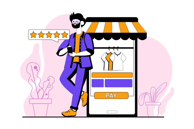 Homem dando avaliação de compras on-line  Ilustração