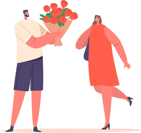 Homem dando buquê de flores suntuosas de rosas vermelhas para namorada bonita  Ilustração