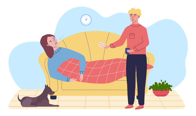 Homem dando comprimidos para mulher doente e verificando a temperatura  Ilustração