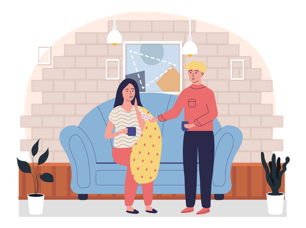 Homem dando comprimidos para mulher doente  Ilustração