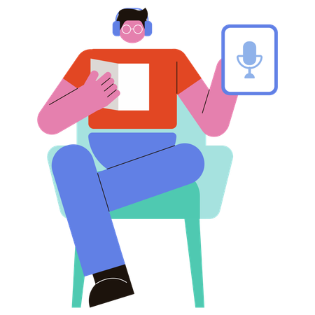 Homem dando podcast de audiolivro  Ilustração