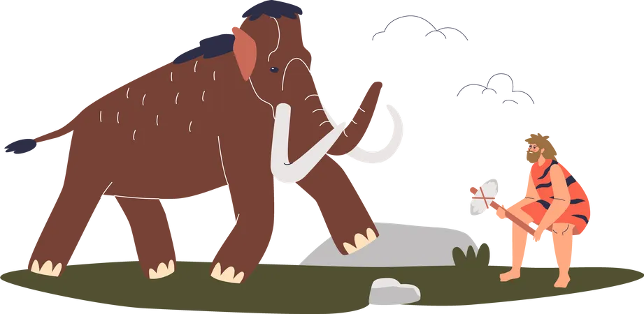 Caçador de homens das cavernas lutando com mamute  Ilustração