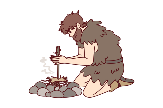 Homem das cavernas fazendo fogo com pau de madeira  Ilustração