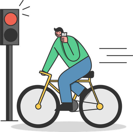 Homem andando de bicicleta no sinal vermelho  Ilustração