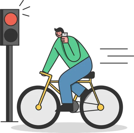 Homem Andando De Bicicleta No Sinal Vermelho Enquanto Fala No Celular Ciclista Descuidado Criando Acidente Perigoso Ignorando Semaforo Falando No Celular Descuido No Conceito De Estrada Ilustracao Vetorial Plana Ilustração