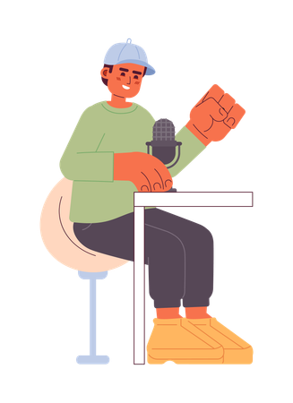 Homem de boné de beisebol falando no podcast do microfone  Ilustração