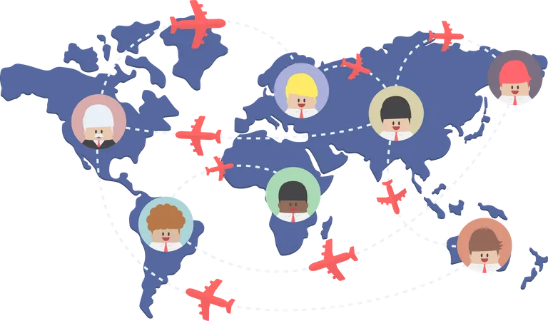 Rotas de empresário e avião no mapa mundial  Ilustração
