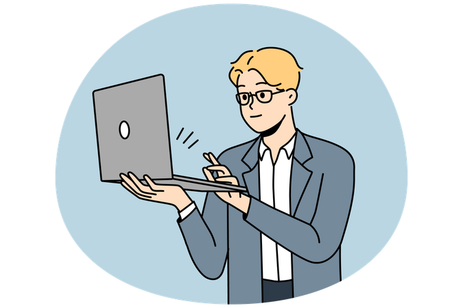 Empresário feliz em traje formal trabalhando em laptop  Ilustração