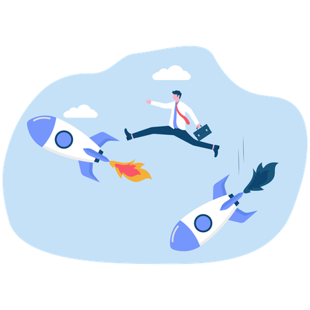 Empresário inteligente salta de um foguete de startup quebrado para um novo  Ilustração