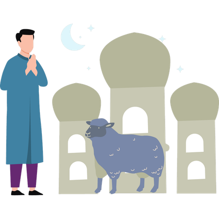 Homem fica ao lado de ovelhas  Ilustração