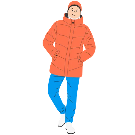 Homem de jaqueta laranja andando no inverno  Ilustração