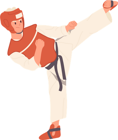 Homem de karatê usando equipamento de proteção e quimono praticando técnica tradicional de arte marcial  Ilustração