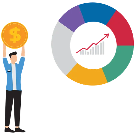 Empresário com uma moeda perto de um gráfico de pizza  Ilustração
