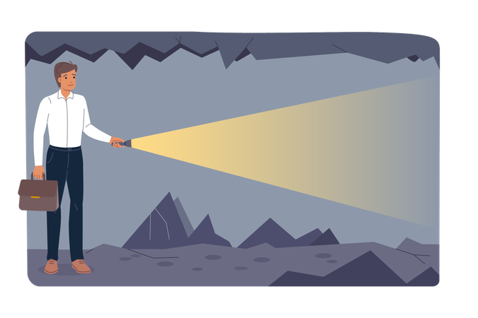 Homem de negócios corajoso encontra caminho no escuro usando lanterna  Ilustração