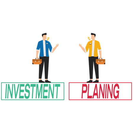Homem de negócios discutindo sobre planejamento de investimentos  Ilustração