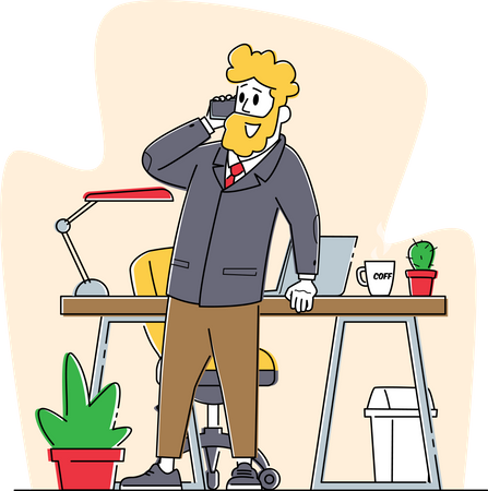 Homem de negócios falando por smartphone no escritório com mesa de trabalho  Ilustração