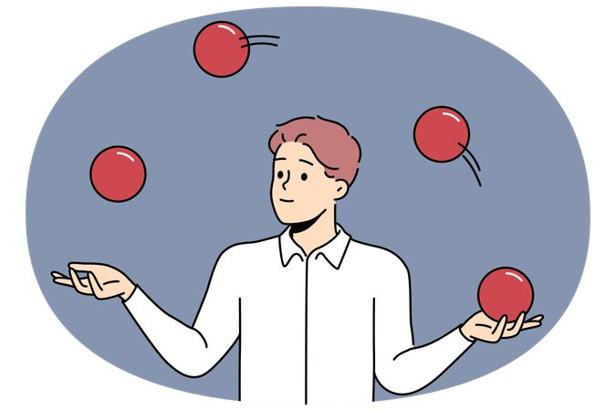Homem de negócios faz malabarismos com bolas para demonstrar habilidades multitarefas e capacidade de manter o equilíbrio  Ilustração