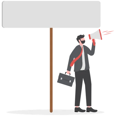 Homem de negócios gritando pelo alto-falante e segurando um cartaz  Ilustração