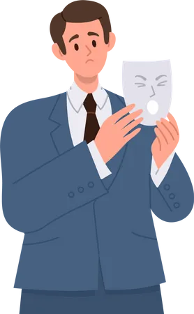 Personagem de homem de negócios de terno escondendo uma emoção triste e infeliz sob uma máscara facial gritante e irritada  Ilustração