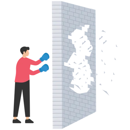 Homem de negócios rompendo muro de concreto  Ilustração