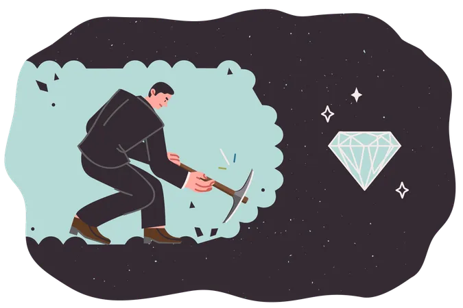 Homem de negócios se esforça para alcançar o sucesso escavando terra para obter diamantes caros  Ilustração