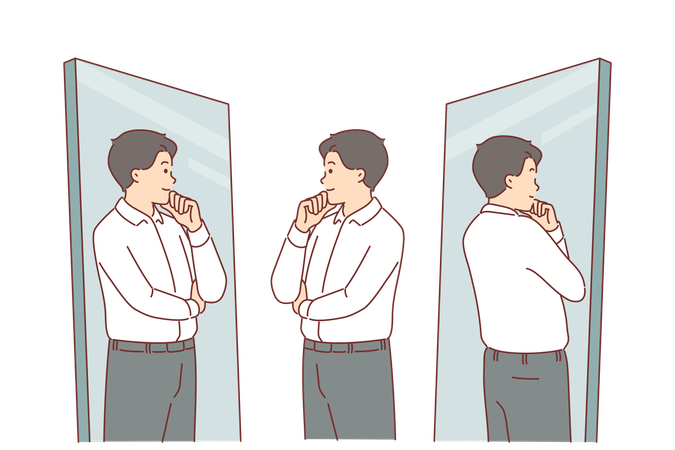 Homem de negócios se olha no espelho experimentando novas roupas formais e toca o queixo com um sorriso  Ilustração