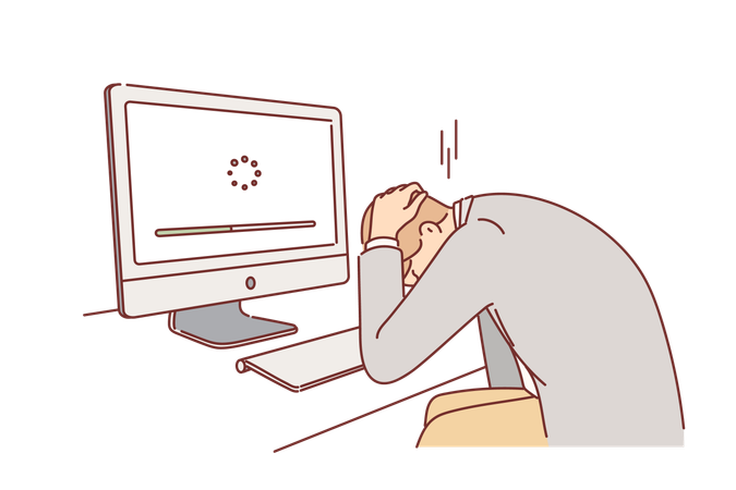 Homem de negócios sofre falha no computador e agarra a cabeça vendo a barra de progresso no monitor  Ilustração
