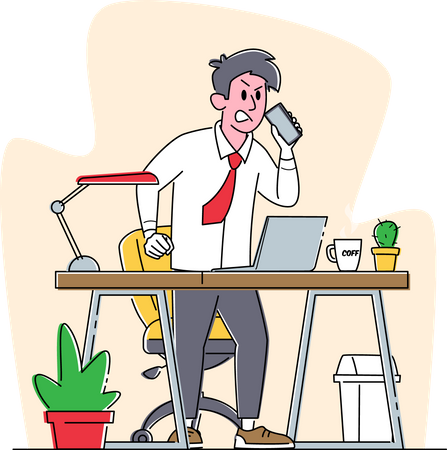 Homem de negócios irritado com rosto vermelho falando por smartphone no escritório  Ilustração