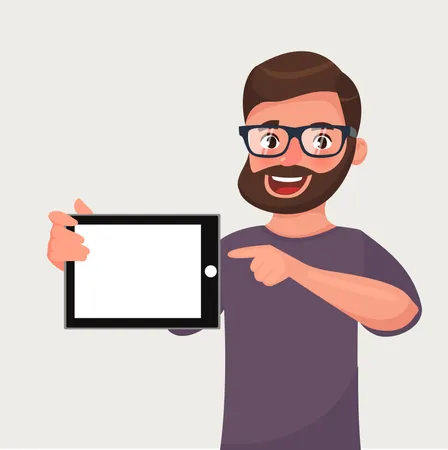 Homem de óculos com barba está mostrando o tablet PC  Ilustração