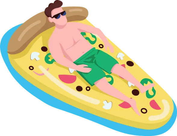 Homem de óculos escuros em colchão de ar de pizza  Ilustração