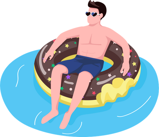 Homem de óculos escuros em colchão de ar donut  Ilustração