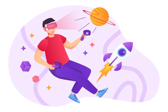 Homem com óculos VR e jogando jogo VR  Ilustração